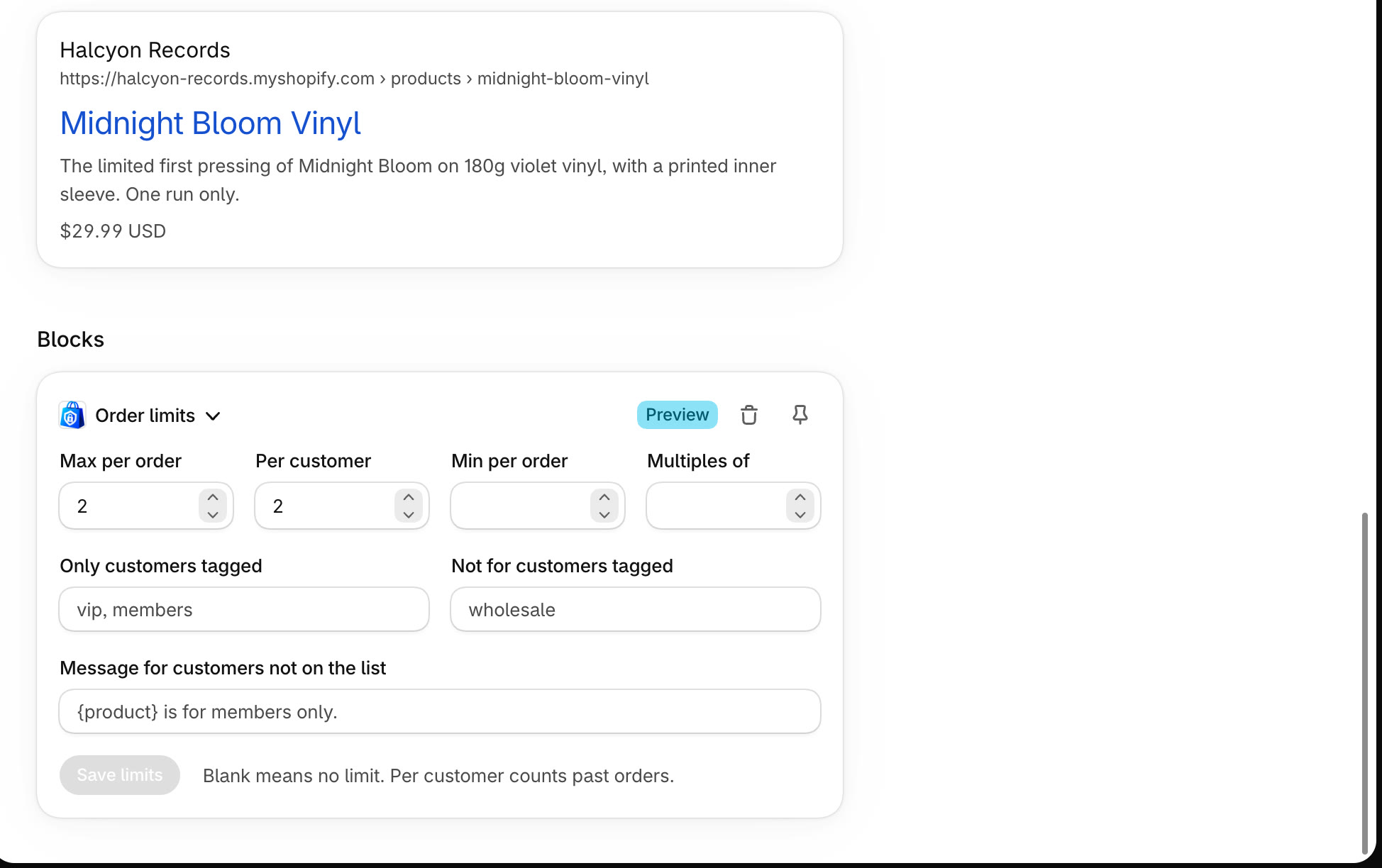 Open the product's Order limits card