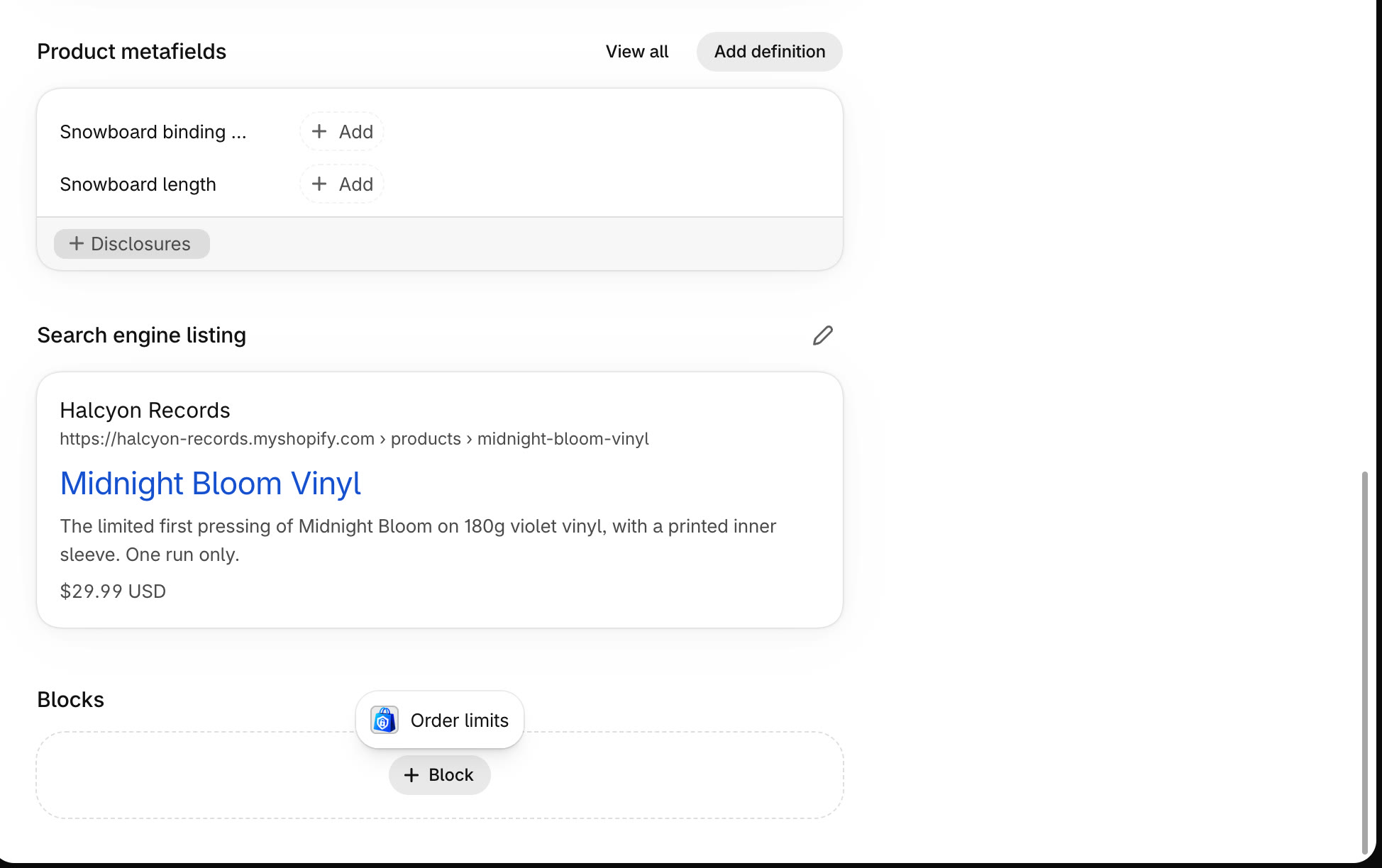 Add the Order limits card
