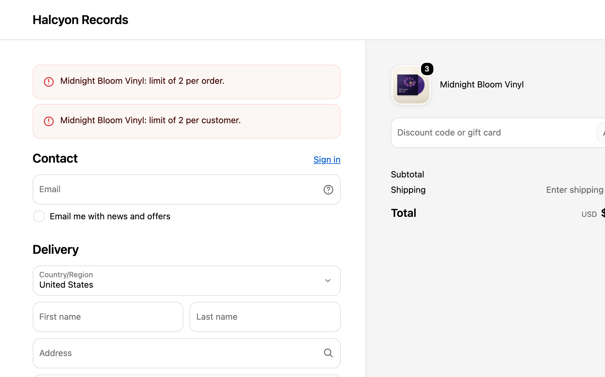 Checkout refuses the order