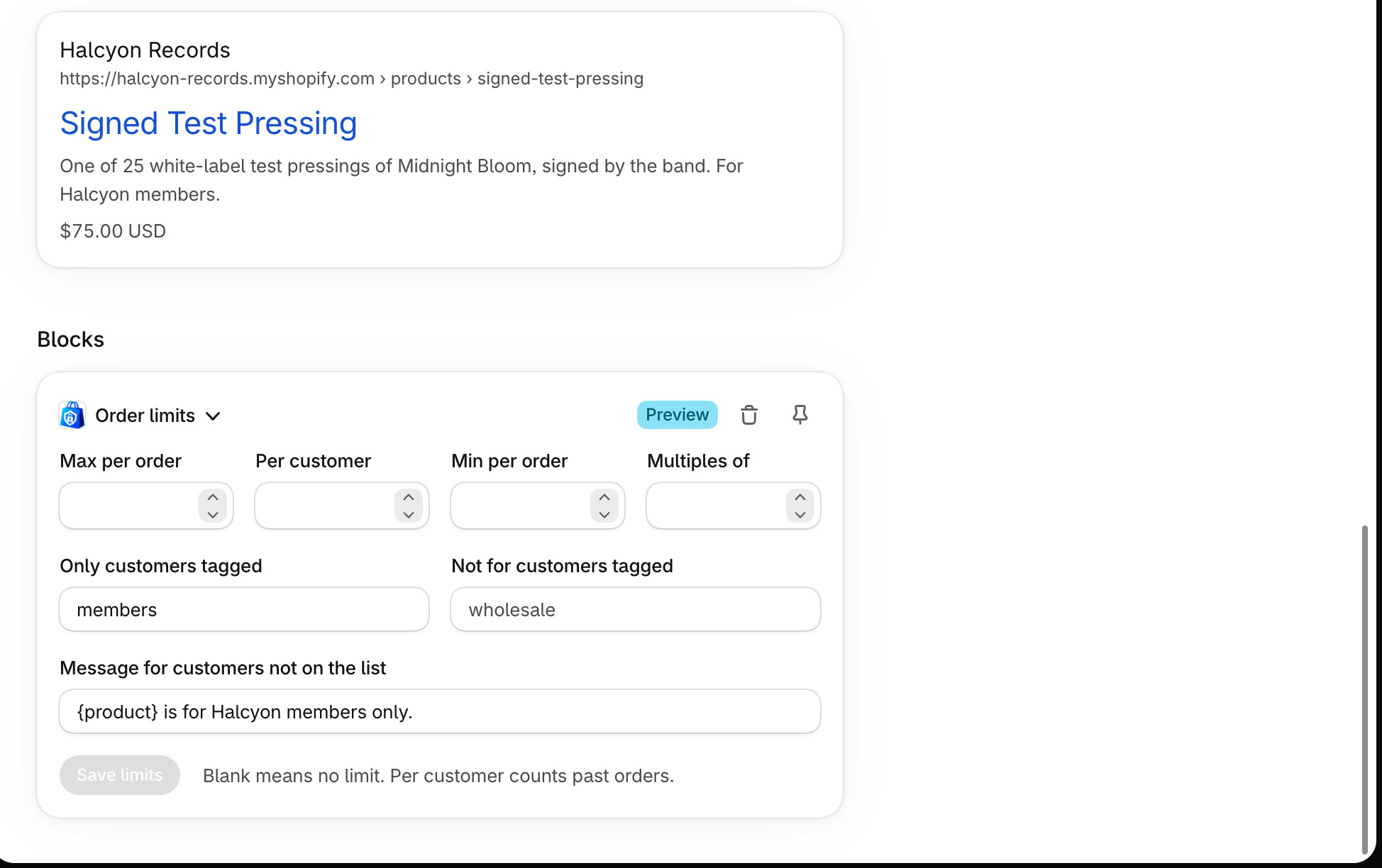 Open the product's Order limits card