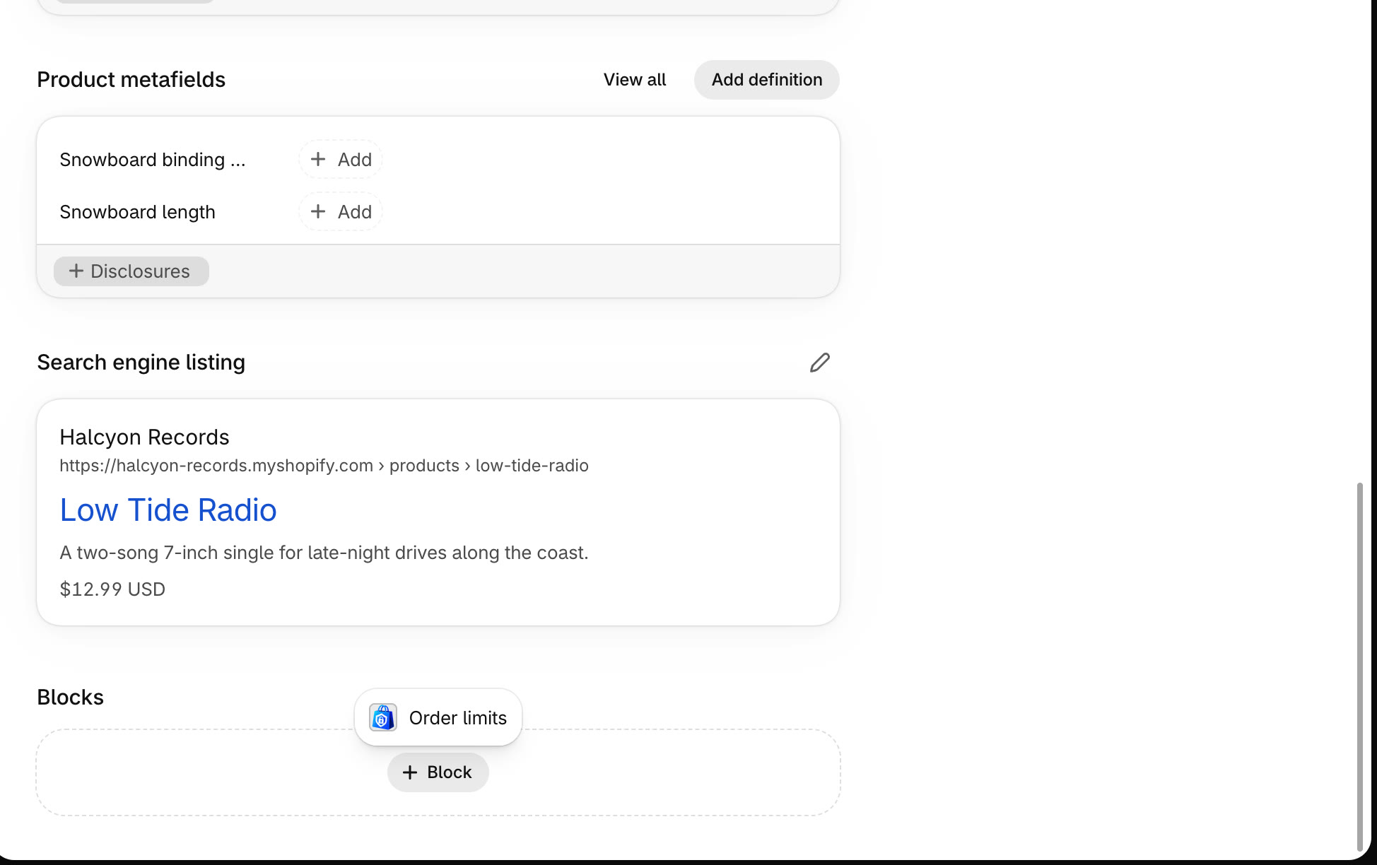 Add the Order limits card
